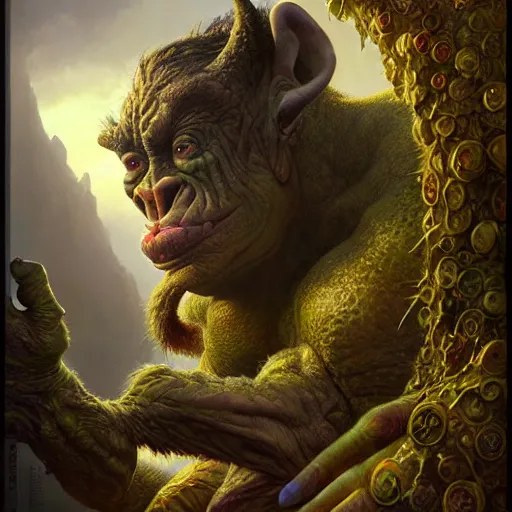 Image similar to a hyperrealistic illustration of a mix of an oger and giant and goblin, 8 k ultra realistic creature, detailed intricate, with fractal sunlight, award - winning, masterpiece, in the style of tom bagshaw, cedric peyravernay, peter mohrbacher