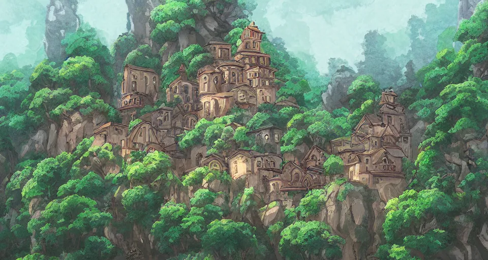 Image similar to view of a monastery on a forested mountain, in the style of studio ghibli, distant, detailed, artstation, award winning painting,