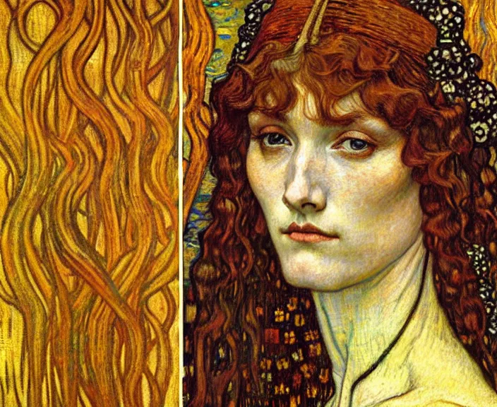 Image similar to detailed realistic beautiful young medieval queen face portrait by jean delville, gustav klimt and vincent van gogh, art nouveau, symbolist, visionary, gothic, pre - raphaelite, muted earthy colors, desaturated