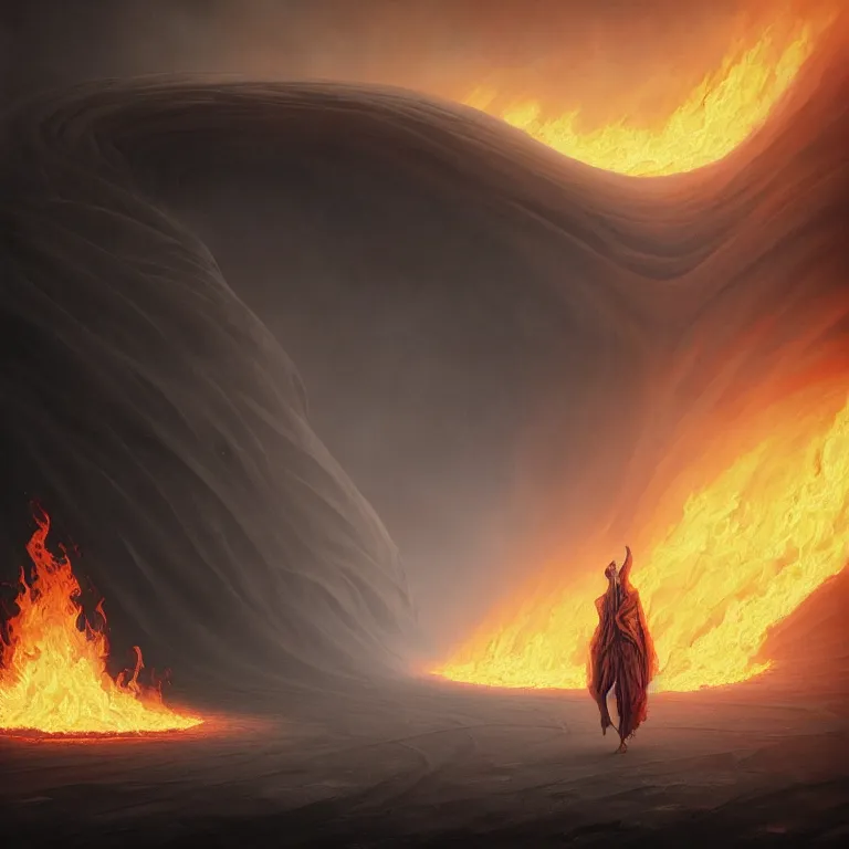 Image similar to one lone singular swirling otherworldly demonic figure shrouded in flames emerges from extensive barren grey charcoal dunescape, flames, matte painting by peter mohrbacher and filip hodas, background colosseum!, godrays, high contrast, highly detailed