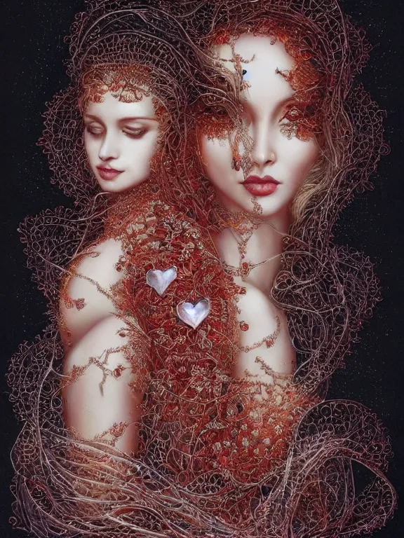 Image similar to a beautiful portrait render of two red veiled queen with symmetry intricate detailed ,heart,love,crystal-embellished,by Daveed Benito,LEdmund Leighton,peter gric,aaron horkey,Billelis,trending on pinterest,rococo,hyperreal,gold,silver,ivory,maximalist,glittering,golden ratio,cinematic lighting