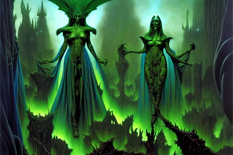 Image similar to darker shades of forgotten misery and despair by michael whelan and roger dean and brom and hubert robert and greg staples and donato giancola, beautiful, mythical, scaled robes, highly detailed, hyperrealistic, intricate, energy, electricity, blue flame, low light, green crystal, high contrast, lifelike