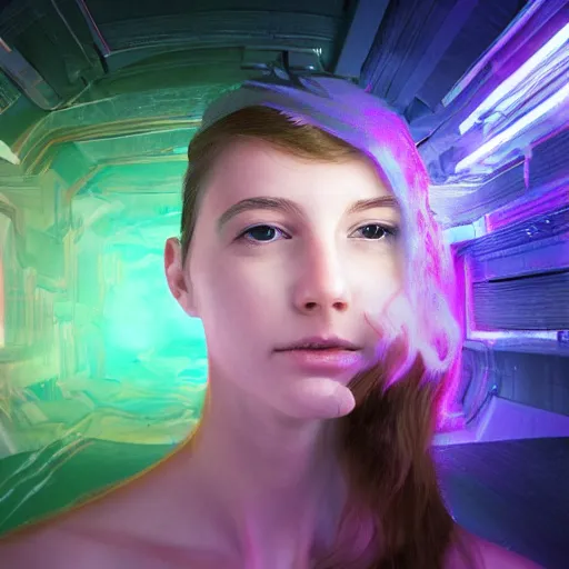 Image similar to glitchart of a young woman lucid dreaming in cyberspace, photoreal