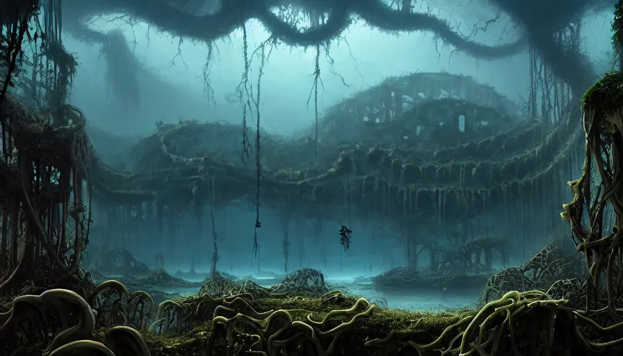 Prompt: giant skeleton in underwater ruins, vines, forest, hyperrealistic, highly detailed, cinematic, single ray, dark, beautiful, cgssociety, artstation, 8 k, oil painting