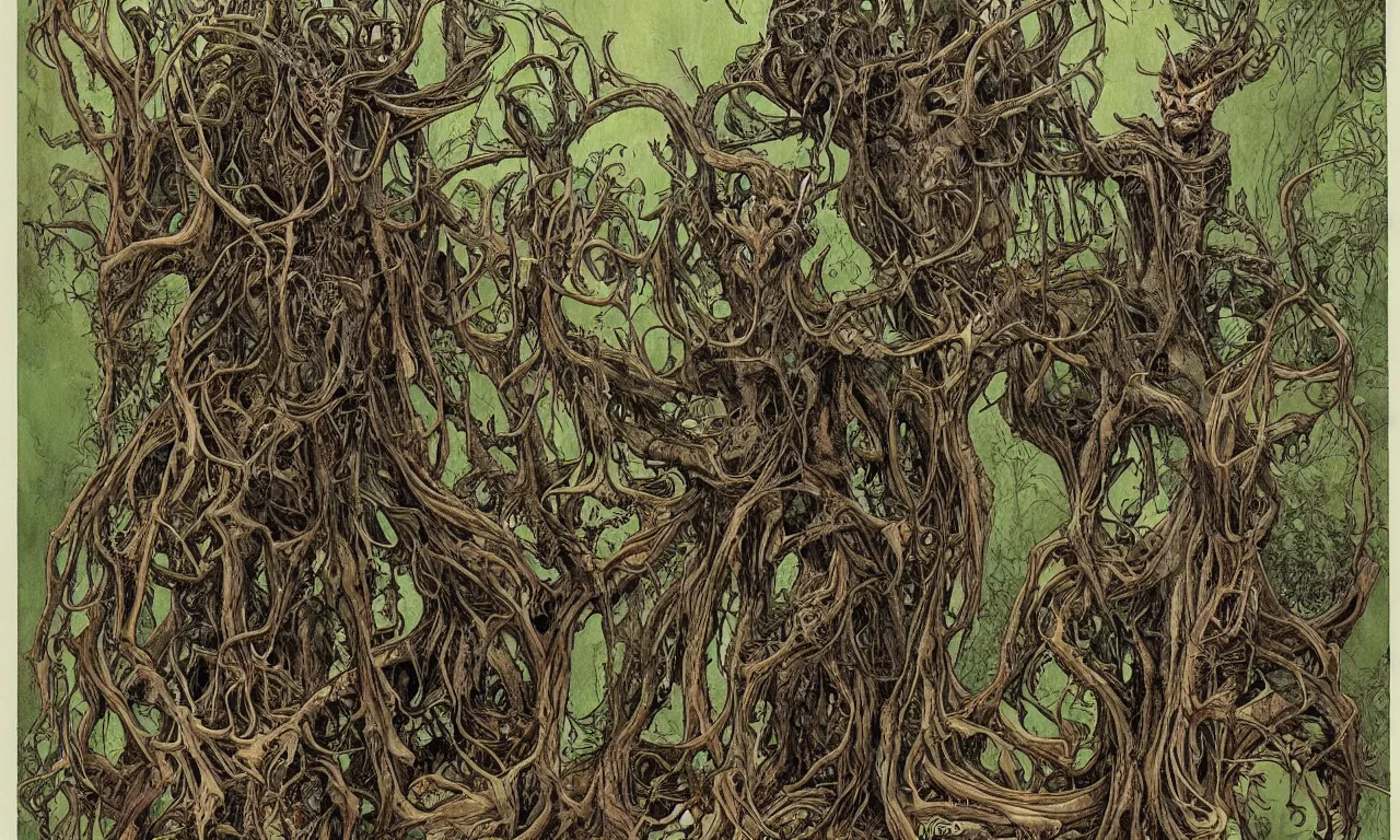 Image similar to hyperdetailed art nouveau portrait of treebeard and old groot as a cthulhu eyeball moose skull wendigo swamp thing creatures, by michael kaluta, pushead and bill sienkiewicz, photorealism, claws, skeleton, antlers, fangs, forest, wild, bizarre, scary, lynn varley, lovern kindzierski, steve oliff