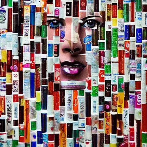 Image similar to collage of a beautiful female face made of soda cans