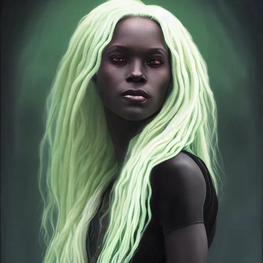 Prompt: a detailed matte oil on canvas head on symmetrical portrait of black skinned woman with! long white hair! and ( pale green ) hair, wearing a dark cotton shirt by charlie bowater, lise deharme, wlop, trending on artstationhd, dungeons and dragons art critical role