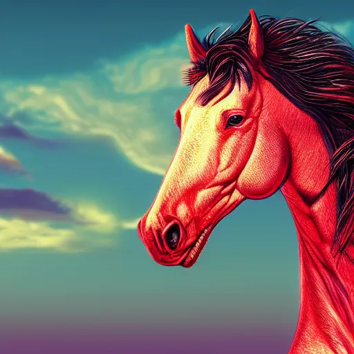 Prompt: digital horse, retrowave palette, highly detailed, anatomically correct equine, synth feel, smooth face, ear floof, flowing mane, no reins, super realism, 4 k digital art