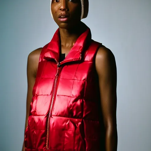 Image similar to realistic photoshooting for a new issey miyake lookbook, color film photography, portrait of a beautiful woman, model is wearing techtical vest, image shot in the dark red direct lightning, photo in style of tyler mitchell, 3 5 mm,