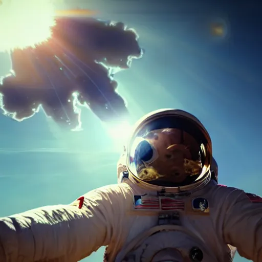 Image similar to front-facing portrait of an astronaut entering heaven with a broken air ship, cinematic lighting, epic