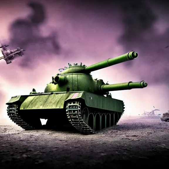 Image similar to atompunk tanks doing battle, 4 k, hdr, smooth, sharp focus, high resolution, award - winning photo