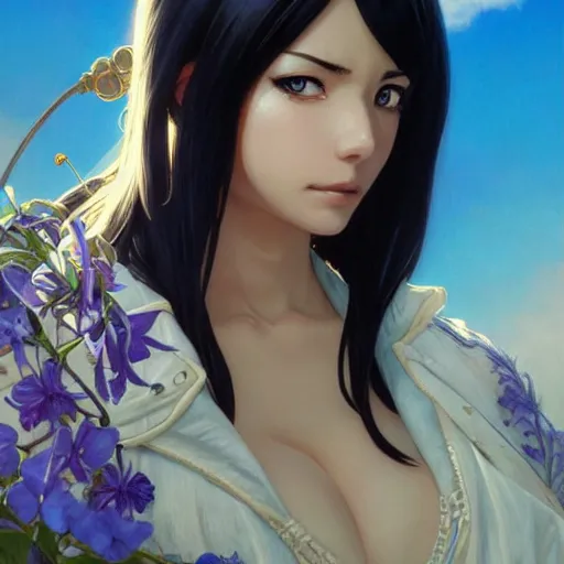 Image similar to highly detailed vfx portrait of nico robin by eiichiro oda!, makoto shinkai, alphonse mucha, sharp focus, art by artgerm and greg rutkowski!, harsh overhead sunlight, blue eyes!!, large aquiline nose!!, stanley kybric, kaoru mori, intricately detailed, behance, artstation,