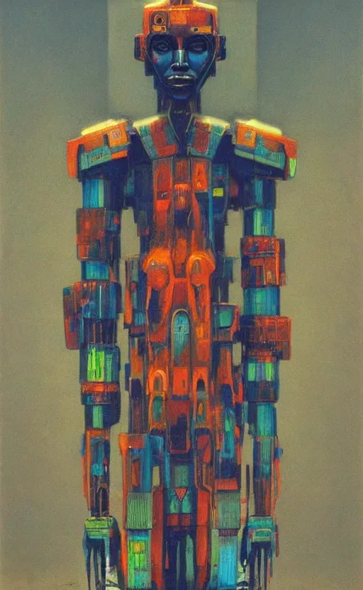 Image similar to portrait of mecha african tribal chief, symmetrical, dramatic lighting, colourful, art by zdzislaw beksinski,