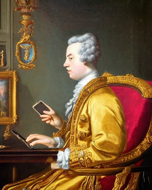 Image similar to 1 7 0 0 s painting royal portrait of the king of england checking his twitter feed on his cellphone while sitting on his throne gold crown