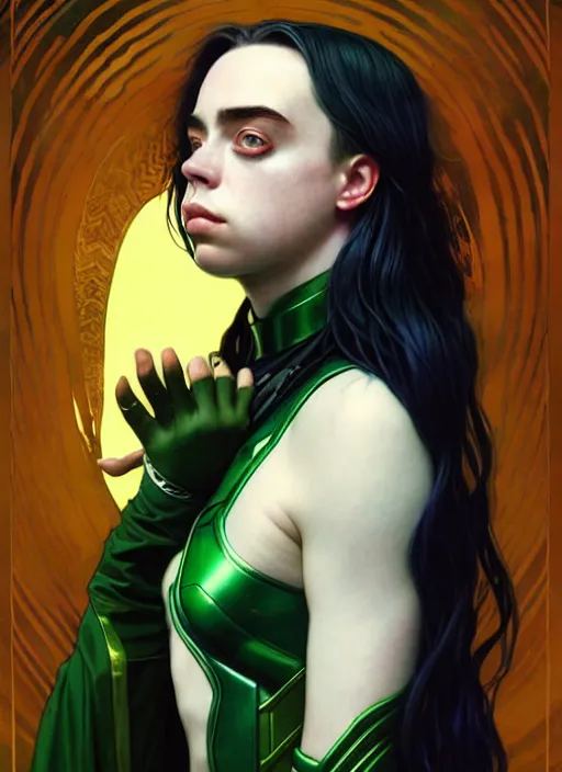 Prompt: Billie Eilish as Female Loki, very detailed, digital art, trending on artstation, concept art, smooth, illustration, art by artgerm and greg rutkowski and alphonse mucha and Edmund Blair Leighton and Katsuhiro Otomo and Geof Darrow and Phil hale and Ashley wood