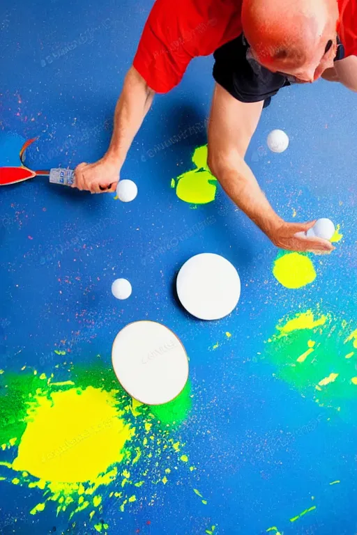 Image similar to man playing table tennis, paddle and ball, colorful paint splatters