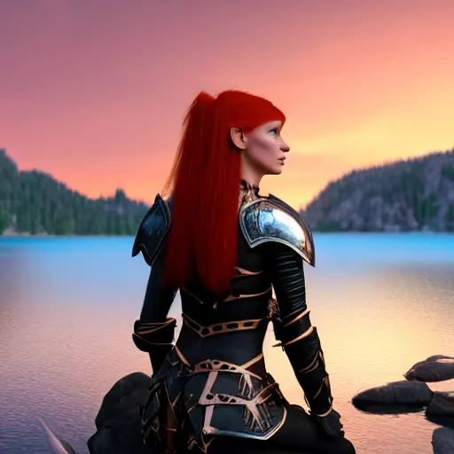 Image similar to beautiful female redhead elf warrior wearing leather armor, sitting next to a beautiful lake at sunset, enjoying the wind, looking at the water. 8 k ultra realistic, award winning, unreal engine 5, masterpiece, atmosphere glow, hyperrealistic, focused, extreme details, cinematic