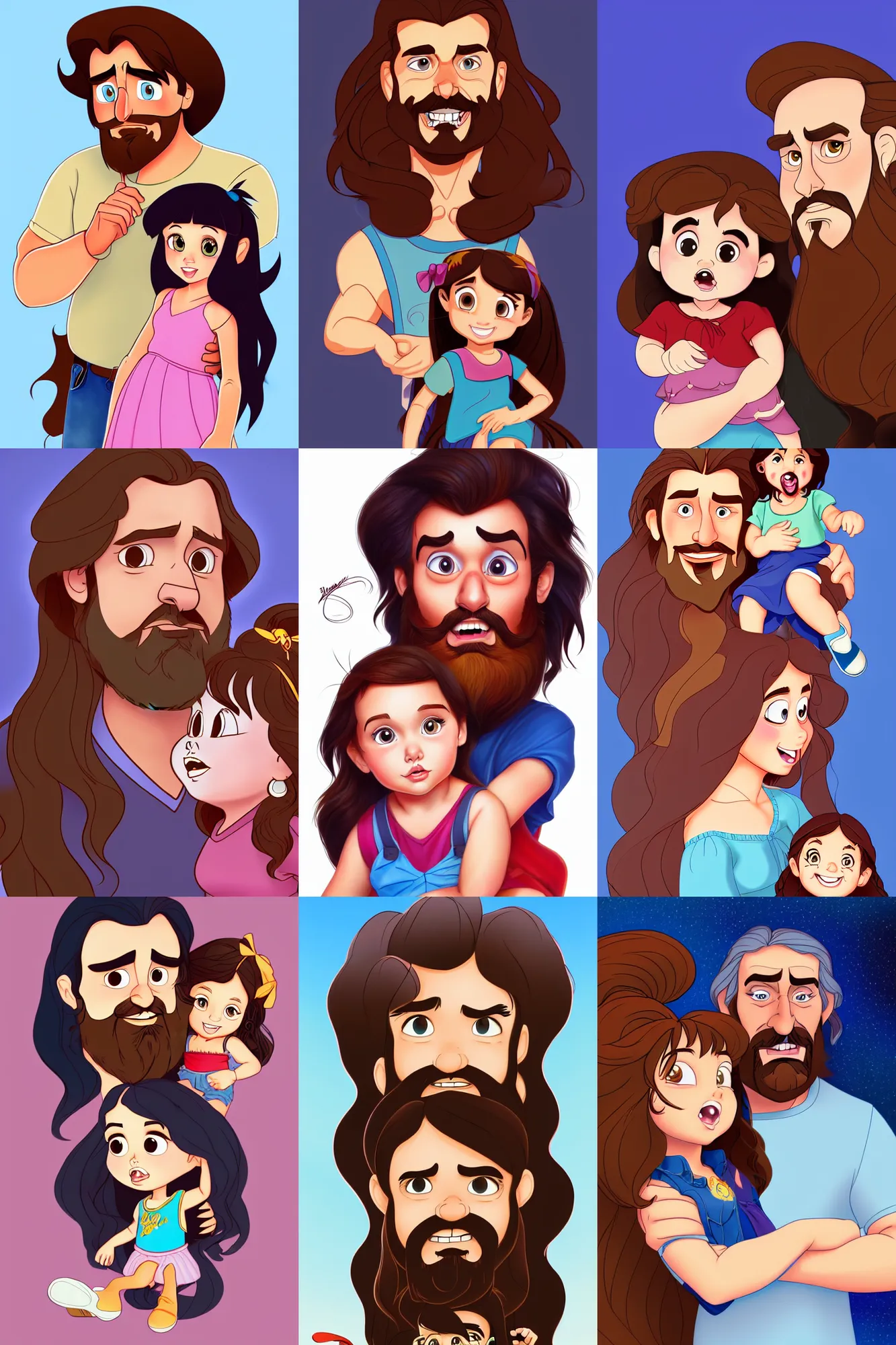 Image similar to a long - haired bearded father and his cartoonish brunette child toddler girl full color digital illustration in the style of don bluth, artgerm, artstation trending, 4 k