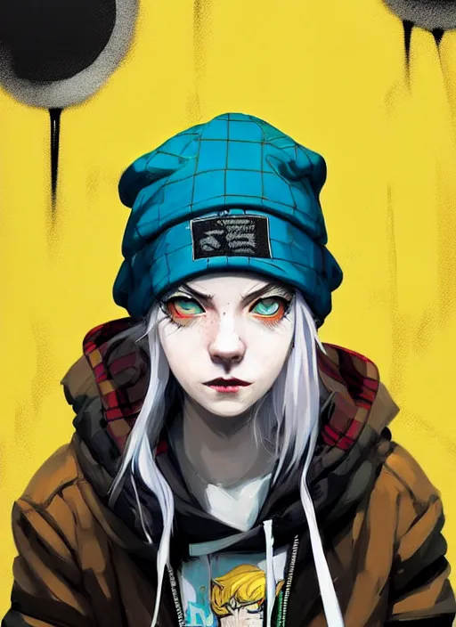 Image similar to highly detailed portrait of a sewer punk lady student, blue eyes, tartan hoody, hat, white hair by atey ghailan, by greg tocchini, by jesper ejsing, gradient yellow, black, brown and cyan color scheme, grunge aesthetic!!! ( ( graffiti tag wall ) )