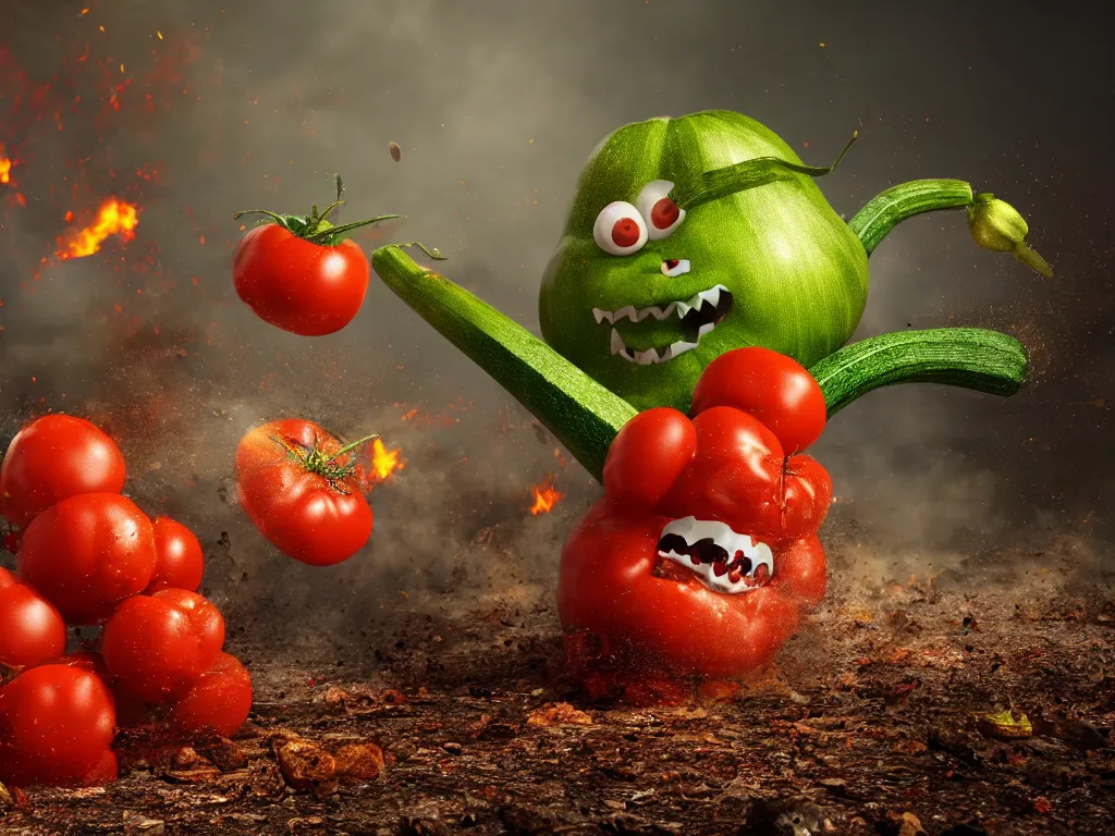 Image similar to highly detailed 3 d render of a raging mad angry zucchini character, burning scissors flying, dirt road, scared tomates scattered everywhere, high speed action, explosions, dramatic scene, hyper realistic octane render, cinematic lighting, tomato splatter, deviantart, black sky, lowbrow, surrealism, pixar still, mayhem