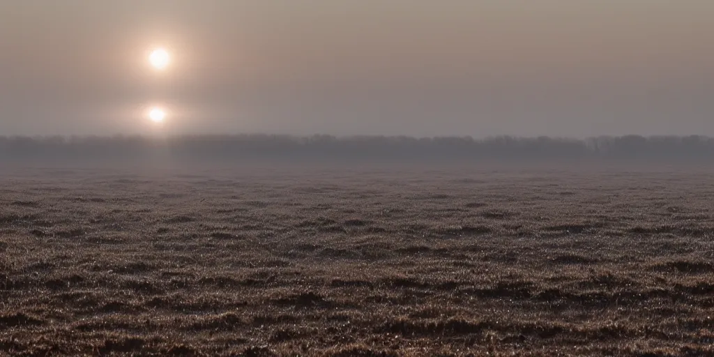 Image similar to the rising sun sent fingers of light through the pale white mists of dawn. a wide plain spread out beneath them, bare and brown, its flatness here and there relieved by long, low hummocks.