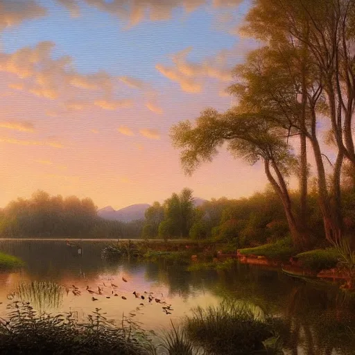 Prompt: a painting of a duck pond at sunset, surrounded by flower bushes, a detailed matte painting by Robert S. Duncanson, deviantart, hudson river school, terragen, pink clouds, trending on artstation
