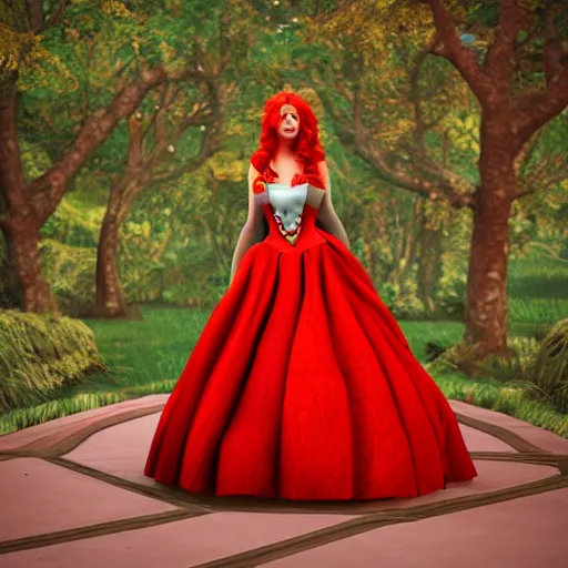 Image similar to red head queen gown, full body, alice in wonderland theme, disney photo realistic, octane render, 8 k, unreal engine, hd, cinematic lighting