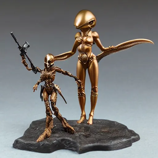 Prompt: 80mm resin detailed miniature of a Alien stand next to a Female warrior, Product Introduction Photos