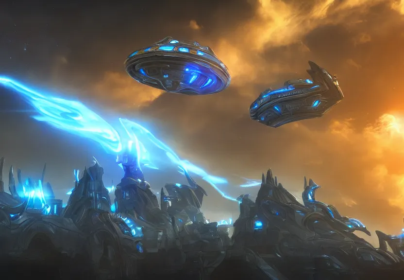 Image similar to protoss spaceship hovering above protoss city beautiful art uhd 4 k, artstation, hdr, 4 k, incredible detail, cinematic lighting, unreal engine 5