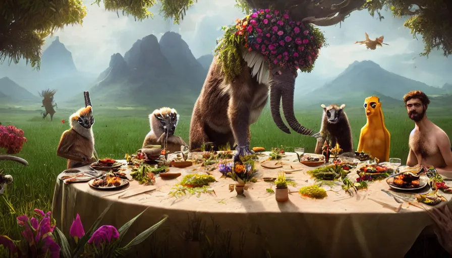 Image similar to a table dinner of exotic animals where animals are dressed like the characters from the midsommar movie wearing flowers, sharp focus, realistic detailed digital art by maxwell boas jessica rossier christian dimitrov anton fadeev trending on artstation cgsociety rendered in unreal engine 4 k hq