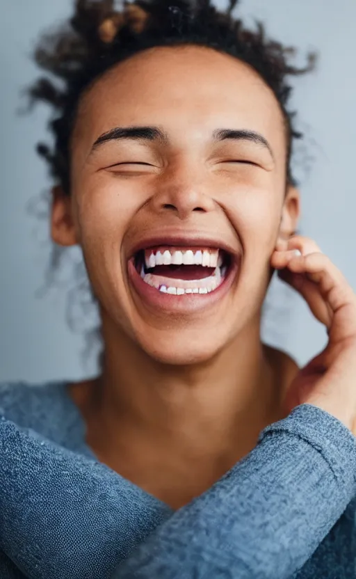 Image similar to a close up of a person's face with a big smile while they're doing something they love