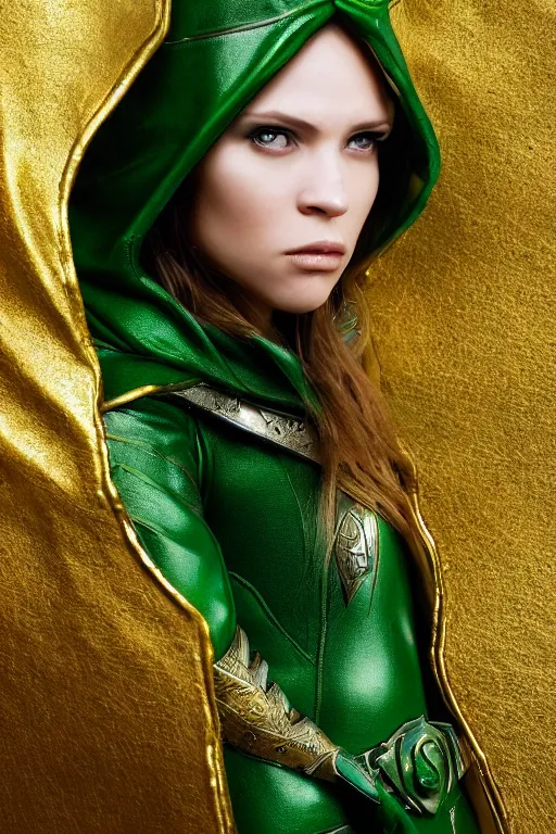 Image similar to a beautiful portrait of a young woman, green elf ranger with long flowing hair and a green leather hood, elf ranger leather armor with green colors and gold lining, young female face, cinematic top lighting, insanely detailed and intricate, face by wlop, Charlie Bowater, golden ratio, symmetric, elegant, ornate, luxury, elite, matte painting, cinematic, trending on artstation, deviantart and cgsociety, 8k, high resolution