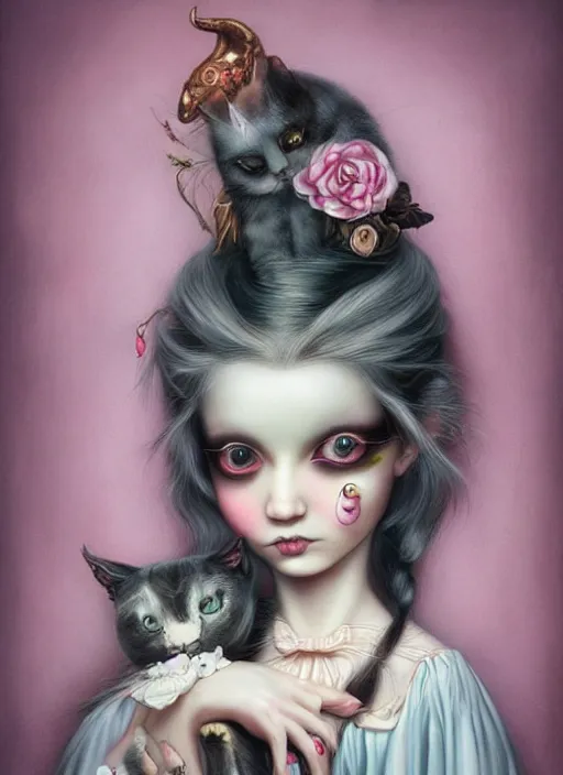 Prompt: pop surrealism, lowbrow art, realistic cute alice girl painting, holding a cat, hyper realism, muted colours, rococo, natalie shau, loreta lux, tom bagshaw, mark ryden, trevor brown style,