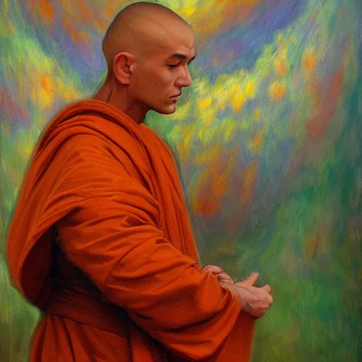 Image similar to an oil painting of consciousness becoming aware of itself as the formless ground of existence transcending the mundane appearance of a monk in flowing orange robes ultra high detail trending on artstation monet