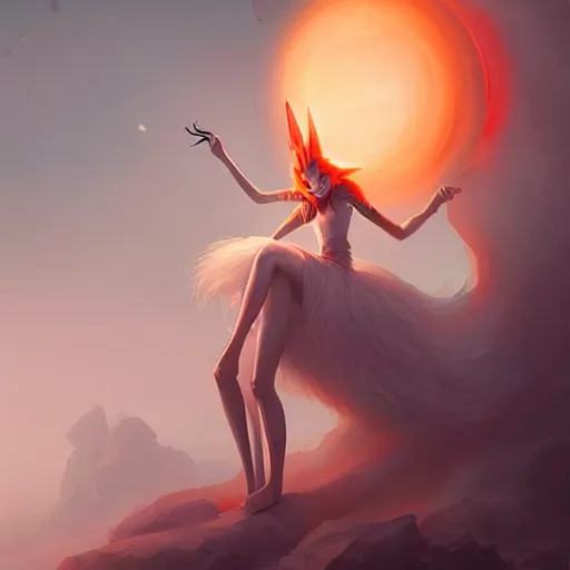 Image similar to prompt A beautiful portrait of a white red orange kumiho, backlit, concept art, matte painting, by Peter Mohrbacher