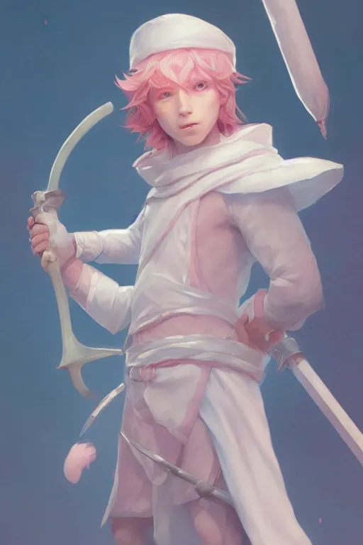 Image similar to portrait of a cute white mage boy with a staff in mage armor, soft, pink and blue, by tom bagshaw and atey ghailan and artgerm and and greg rutkowski, hyper realistic, octane render, trending on artstation