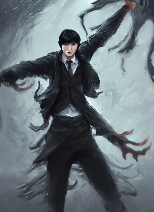 Image similar to a highly detailed illustration of attractive korean man with bowl cut black hair wearing shirt and tie with giant black mist claws, wielding giant black mist claws pose, tired expression, foggy black mist surrounding background, intricate, elegant, highly detailed, centered, digital painting, artstation, concept art, smooth, sharp focus, league of legends concept art, wlop.