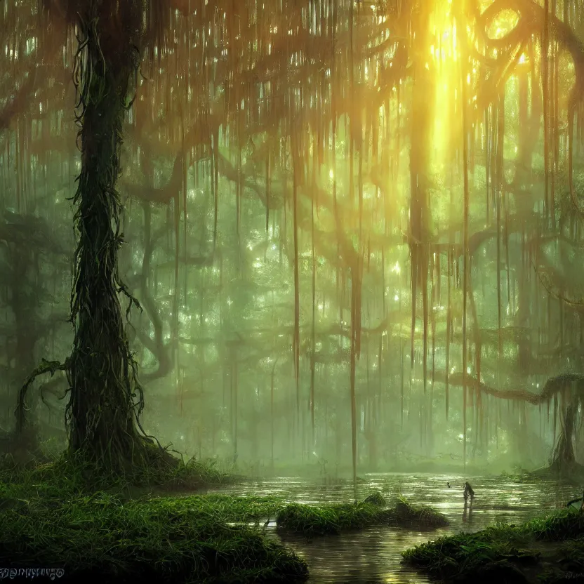 Prompt: a wet swamp with overhanging trees, dark colors, glowing plants, mushrooms!, misty background, light rays, beautiful lighting, vivid colors, intricate, elegant, smooth, sharp focus, highly detailed digital painting, concept art, cinematic, unreal engine, 4 k wallpaper, trending on cgsociety, trending on artstation