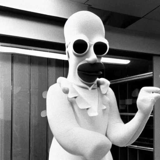 Prompt: a 1970s photo of a man dressed like Homer simpson