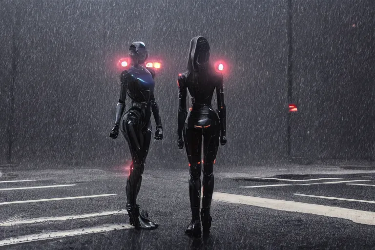 Image similar to closeup vfx marvel sci-fi woman black super hero robot photo real full body action pose, city street cinematic lighting, rain and fog by Emmanuel Lubezki