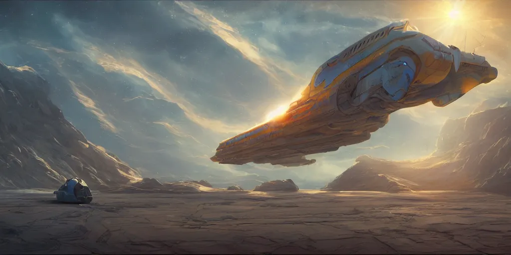 Prompt: legendary space ship, ice fish shape, desert planet, alien technology, cinematic, highly detailed, large blue engines, scifi, yellow windows and details, hyper realism, intricate digital painting, red glow, gigantic landing pad, scifi base, artstation, by johnson ting, jama jurabaev