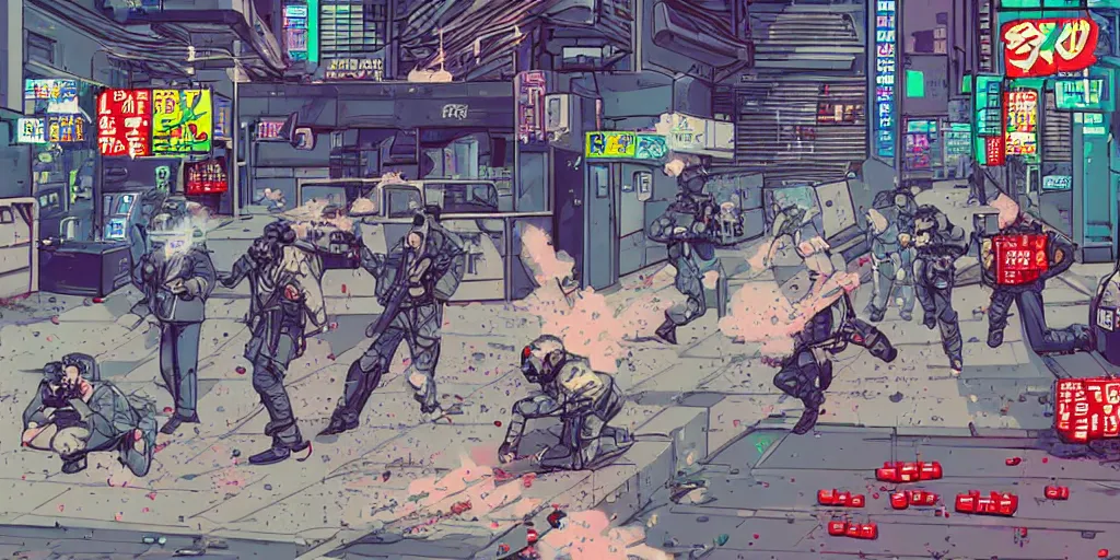 Prompt: 1992 Video Game Screenshot, Anime Neo-tokyo Cyborg bank robbers vs police, Set in Cyberpunk Bank Vault, bags of money, Multiplayer set-piece :9, Police officers hit by bullets, Police Calling for back up, Bullet Holes and Blood Splatter, :6 ,Hostages, Smoke Grenades, Large Caliber Sniper Fire, Chaos, Cyberpunk, Money, Anime Bullet VFX, Machine Gun Fire, Violent Gun Action, Shootout, Escape From Tarkov, Payday 2, Highly Detailed, 8k :7 by Katsuhiro Otomo + Studio Gainax : 8