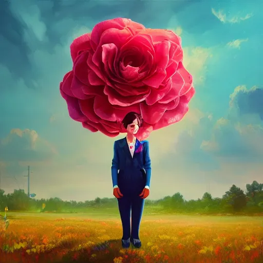 Image similar to portrait, giant rose flower head, girl dancing in a suit, surreal photography, sunrise, blue sky, dramatic light, impressionist painting, digital painting, artstation, simon stalenhag