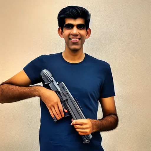 Prompt: Medium shot photograph of Rishi Sunak holding an AK-47, 8k, ultrahd