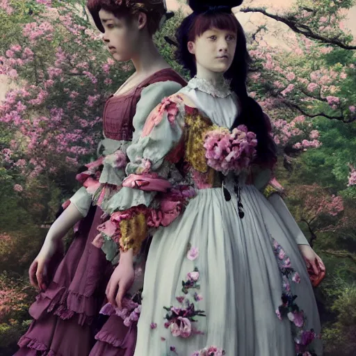 Image similar to 8k, octane render, realism, tonalism, renaissance, rococo, baroque, group of creepy young ladies wearing long harajuku manga dress with flowers and skulls, background chaotic flowers