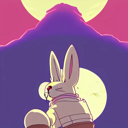 Prompt: a study of cell shaded cartoon mega bunny from howl's moving castle ( 2 0 0 4 ) on a desert road, in front of a big moon, full body, wide shot, very muted colors, post grunge, studio ghibli, laurie greasley, highly detailed, deviantart, art by artgem
