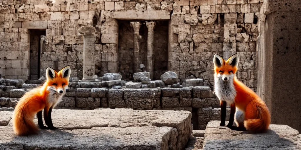 Image similar to A beautiful small fox in the huge ruins of the second temple in Jerusalem :: Dreamy sky :: The third temple hovers quietly in the sky above :: Very colorful painting 8k trending on art station :: Intricate details, very realistic, cinematic lighting, volumetric lighting, photographic blur bokeh defocus dof sky