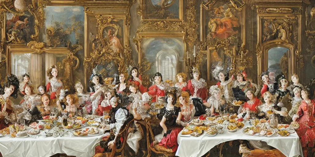 Prompt: rococo style drawing of work colleagues of a design studio get together to feast on a big table with lots of food