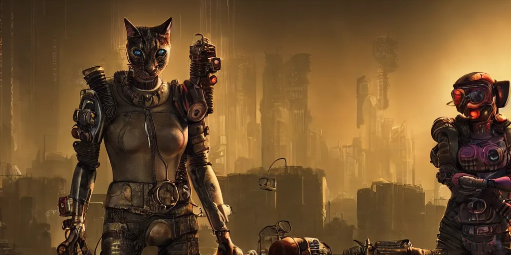 Image similar to cyberpunk cat gang, fallout 5, studio lighting, deep colors, apocalyptic setting, sneak peak