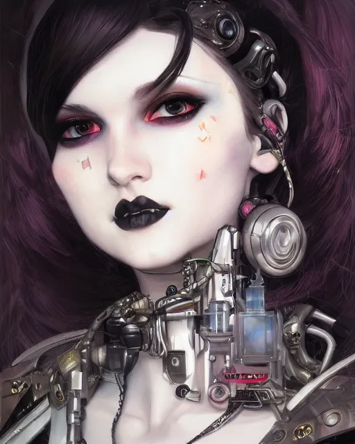 Image similar to portrait of cute beautiful young goth cyborg maiden, cyberpunk, Warhammer, highly detailed, artstation, illustration, art by Gustav Klimt and Range Murata